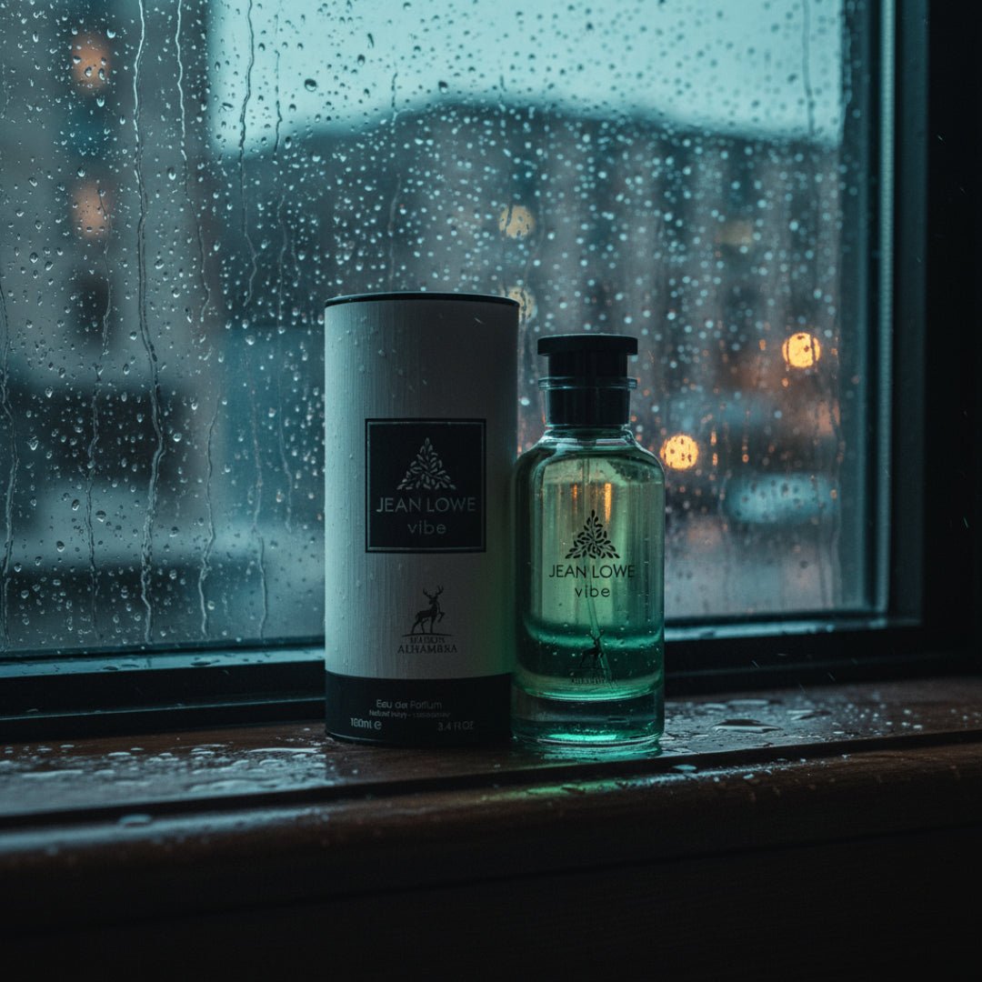 Jean Lowe Vibe by Maison Alhambra — A green glass perfume bottle and its cylindrical packaging stand on a wet wooden surface in front of a rain-streaked window with blurred city lights in the background. | Jean Lowe Vibe oleh Maison Alhambra — Botol minyak wangi kaca hijau dan pembungkus silindernya berdiri di atas