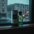 Jean Lowe Vibe by Maison Alhambra — A green glass perfume bottle and its cylindrical packaging stand on a wet wooden surface in front of a rain-streaked window with blurred city lights in the background. | Jean Lowe Vibe oleh Maison Alhambra — Botol minyak wangi kaca hijau dan pembungkus silindernya berdiri di atas