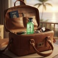 Maison Alhambra Jean Lowe Vibe by Maison Alhambra 100ml EDP — A green perfume bottle sits inside an open brown leather duffel bag, next to a passport and sunglasses, with a tropical sunset view in the background. | Maison Alhambra Jean Lowe Vibe by Maison Alhambra 100ml EDP — Botol pewangi hijau diletakkan di dalam
