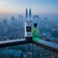 Maison Alhambra Jean Lowe Vibe by Maison Alhambra 100ml EDP — A perfume bottle and its cylindrical box sit on a balcony railing overlooking a misty cityscape with skyscrapers, including the Petronas Twin Towers. | Maison Alhambra Jean Lowe Vibe by Maison Alhambra 100ml EDP — Botol minyak wangi dan kotaknya yang