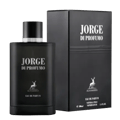 Maison Alhambra Jorge Di Profumo — Black perfume box and bottle with deer logo and text "JORGE DI PROFUMO" | Maison Alhambra Jorge Di Profumo — Kotak dan botol minyak wangi hitam dengan logo rusa dan teks "JORGE DI PROFUMO"