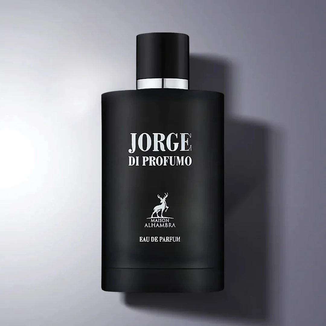 Maison Alhambra Jorge Di Profumo — Black perfume box and bottle with deer logo and text "JORGE DI PROFUMO" | Maison Alhambra Jorge Di Profumo — Kotak dan botol minyak wangi hitam dengan logo rusa dan teks "JORGE DI PROFUMO"