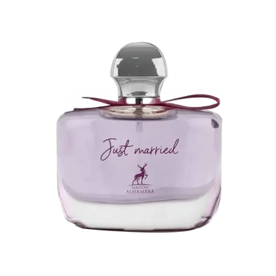 Maison Alhambra Just Married by Maison Alhambra Woman 100ml — A clear glass perfume bottle with a light purple hue, a silver cap, and a dark red ribbon tied around the neck. The bottle features the text "Just married" and a deer silhouette logo. | Maison Alhambra Just Married by Maison Alhambra Woman 100ml — Botol