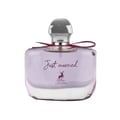 Maison Alhambra Just Married by Maison Alhambra Woman 100ml — A clear glass perfume bottle with a light purple hue, a silver cap, and a dark red ribbon tied around the neck. The bottle features the text "Just married" and a deer silhouette logo. | Maison Alhambra Just Married by Maison Alhambra Woman 100ml — Botol