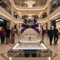 Maison Alhambra Just Married by Maison Alhambra Woman 100ml — A clear glass perfume bottle with a purple ribbon bow and 'Just married' text, displayed in a brightly lit shopping mall with people in the background. | Maison Alhambra Just Married by Maison Alhambra Woman 100ml — Botol minyak wangi kaca jernih dengan