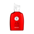 Maison Alhambra Kalos by Maison Alhambra Woman 100ml — A bright red perfume bottle with a clear, angular cap and a circular label featuring a deer silhouette and two horse silhouettes below, with the name "KALOS" at the bottom. | Maison Alhambra Kalos by Maison Alhambra Woman 100ml — Botol minyak wangi merah terang