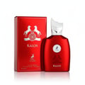 Maison Alhambra Kalos by Maison Alhambra Woman 100ml — Red perfume bottle and matching red box with silver horse and floral emblem, set against a white background. | Maison Alhambra Kalos by Maison Alhambra Woman 100ml — Botol minyak wangi merah dan kotak merah sepadan dengan lambang kuda dan bunga perak, berlatar