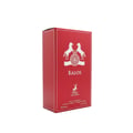 Maison Alhambra Kalos by Maison Alhambra Woman 100ml — Red perfume box with white horse and deer emblems, text "KALOS" and "EAU DE PARFUM" | Maison Alhambra Kalos by Maison Alhambra Woman 100ml — Kotak pewangi merah dengan lambang kuda putih dan rusa, teks "KALOS" dan "EAU DE PARFUM"
