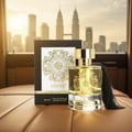 Maison Alhambra Karat by Maison Alhambra 100ml EDP — A clear glass perfume bottle with gold accents and a black tassel sits next to its black and white box, with a cityscape and skyscrapers in the background. | Maison Alhambra Karat by Maison Alhambra 100ml EDP — Botol minyak wangi kaca jernih dengan perincian emas