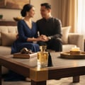 Maison Alhambra Karat by Maison Alhambra 100ml EDP — A golden perfume bottle with a black tassel sits on a marble table in front of a blurred couple holding hands on a sofa. A lit candle in a gold tray is to the right. | Maison Alhambra Karat by Maison Alhambra 100ml EDP — Sebotol minyak wangi keemasan bertali hitam