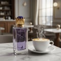 Maison Alhambra Kingsman – Blue glass perfume bottle with gold crown cap and gold emblem, next to a navy blue and gold striped box with matching emblem and deer graphic. | Maison Alhambra Kingsman – Botol minyak wangi kaca biru dengan penutup mahkota emas dan lambang emas, bersebelahan kotak berjalur biru navy dan