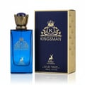 Maison Alhambra Kingsman – Blue glass perfume bottle with gold crown cap and gold emblem, next to a navy blue and gold striped box with matching emblem and deer graphic. | Maison Alhambra Kingsman – Botol minyak wangi kaca biru dengan penutup mahkota emas dan lambang emas, bersebelahan kotak berjalur biru navy dan