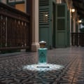 Maison Alhambra Kingsman – Blue glass perfume bottle with gold crown cap and gold emblem, next to a navy blue and gold striped box with matching emblem and deer graphic. | Maison Alhambra Kingsman – Botol minyak wangi kaca biru dengan penutup mahkota emas dan lambang emas, bersebelahan kotak berjalur biru navy dan