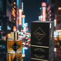 Maison Alhambra Kismet Magic by Maison Alhambra 100ml EDP Unisex — A glass perfume bottle with golden cap and amber liquid sits on a reflective surface next to its black and gold box, with a blurred city night scene in the background. | Maison Alhambra Kismet Magic by Maison Alhambra 100ml EDP Unisex — Botol minyak