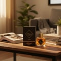 Maison Alhambra Kismet Magic by Maison Alhambra 100ml EDP Unisex — A perfume bottle and its box sit on a wooden table next to an open book and a potted plant in a living room setting. | Botol minyak wangi dan kotaknya terletak di atas meja kayu di sebelah buku yang terbuka dan tumbuhan pasu di latar ruang tamu.