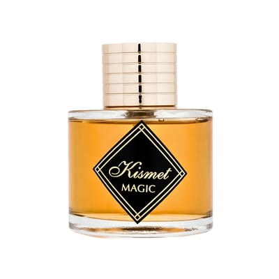 Maison Alhambra Kismet Magic by Maison Alhambra 100ml EDP Unisex — A clear glass perfume bottle with golden ribbed cap, filled with amber-colored liquid, featuring a black diamond-shaped label with gold text reading "Kismet Magic". | Maison Alhambra Kismet Magic by Maison Alhambra 100ml EDP Unisex — Botol minyak wangi
