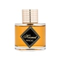Maison Alhambra Kismet Magic by Maison Alhambra 100ml EDP Unisex — A clear glass perfume bottle with golden ribbed cap, filled with amber-colored liquid, featuring a black diamond-shaped label with gold text reading "Kismet Magic". | Maison Alhambra Kismet Magic by Maison Alhambra 100ml EDP Unisex — Botol minyak wangi