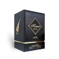 Maison Alhambra Kismet Magic by Maison Alhambra 100ml EDP Unisex — Black textured perfume box with gold geometric pattern and feather detail, featuring the Kismet Magic logo and fragrance details. | Maison Alhambra Kismet Magic by Maison Alhambra 100ml EDP Unisex — Kotak pewangi hitam bertekstur dengan corak geometri