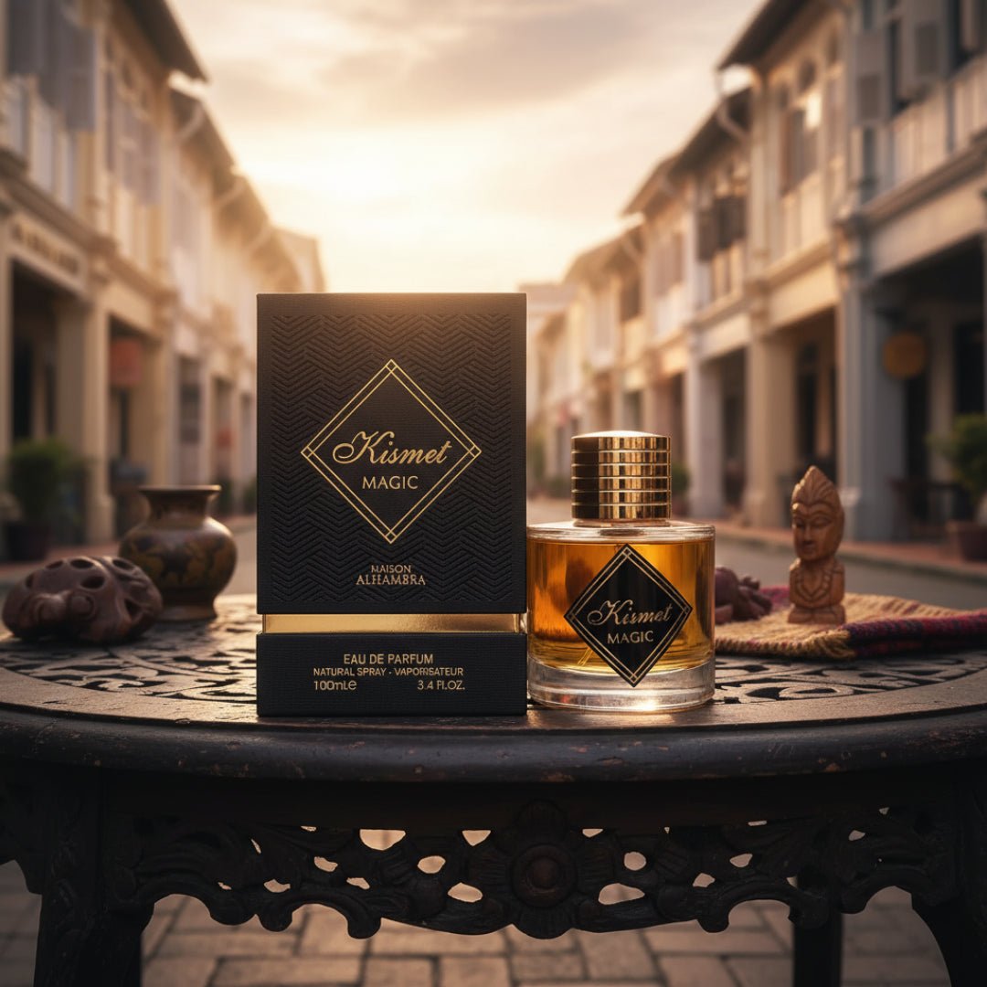 Maison Alhambra Kismet Magic — A black textured box and a golden glass perfume bottle sit on a dark ornate table in front of a blurred street scene with old buildings and warm lighting. | Maison Alhambra Kismet Magic — Peti hitam bertekstur dan botol minyak wangi kaca keemasan terletak di atas meja berukir gelap di