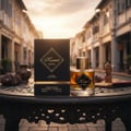 Maison Alhambra Kismet Magic — A black textured box and a golden glass perfume bottle sit on a dark ornate table in front of a blurred street scene with old buildings and warm lighting. | Maison Alhambra Kismet Magic — Peti hitam bertekstur dan botol minyak wangi kaca keemasan terletak di atas meja berukir gelap di