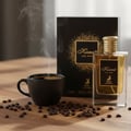 Maison Alhambra Kismet For Men by Maison Alhambra 100ml Man — A black coffee cup with steam rising sits next to a bottle of Kismet For Men perfume and its box, surrounded by coffee beans on a wooden table. | Maison Alhambra Kismet For Men by Maison Alhambra 100ml Man — Cawan kopi hitam dengan wap naik duduk