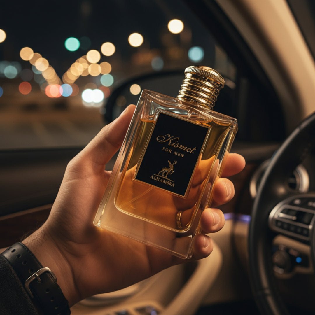 Maison Alhambra Kismet For Men by Maison Alhambra 100ml Man — A hand holds a clear glass perfume bottle with golden liquid and a black label with gold text and a deer logo, inside a car at night with blurred city lights in the background. | Tangan memegang botol minyak wangi kaca jernih dengan cecair keemasan dan