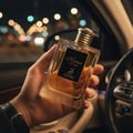 Maison Alhambra Kismet For Men by Maison Alhambra 100ml Man — A hand holds a clear glass perfume bottle with golden liquid and a black label with gold text and a deer logo, inside a car at night with blurred city lights in the background. | Tangan memegang botol minyak wangi kaca jernih dengan cecair keemasan dan
