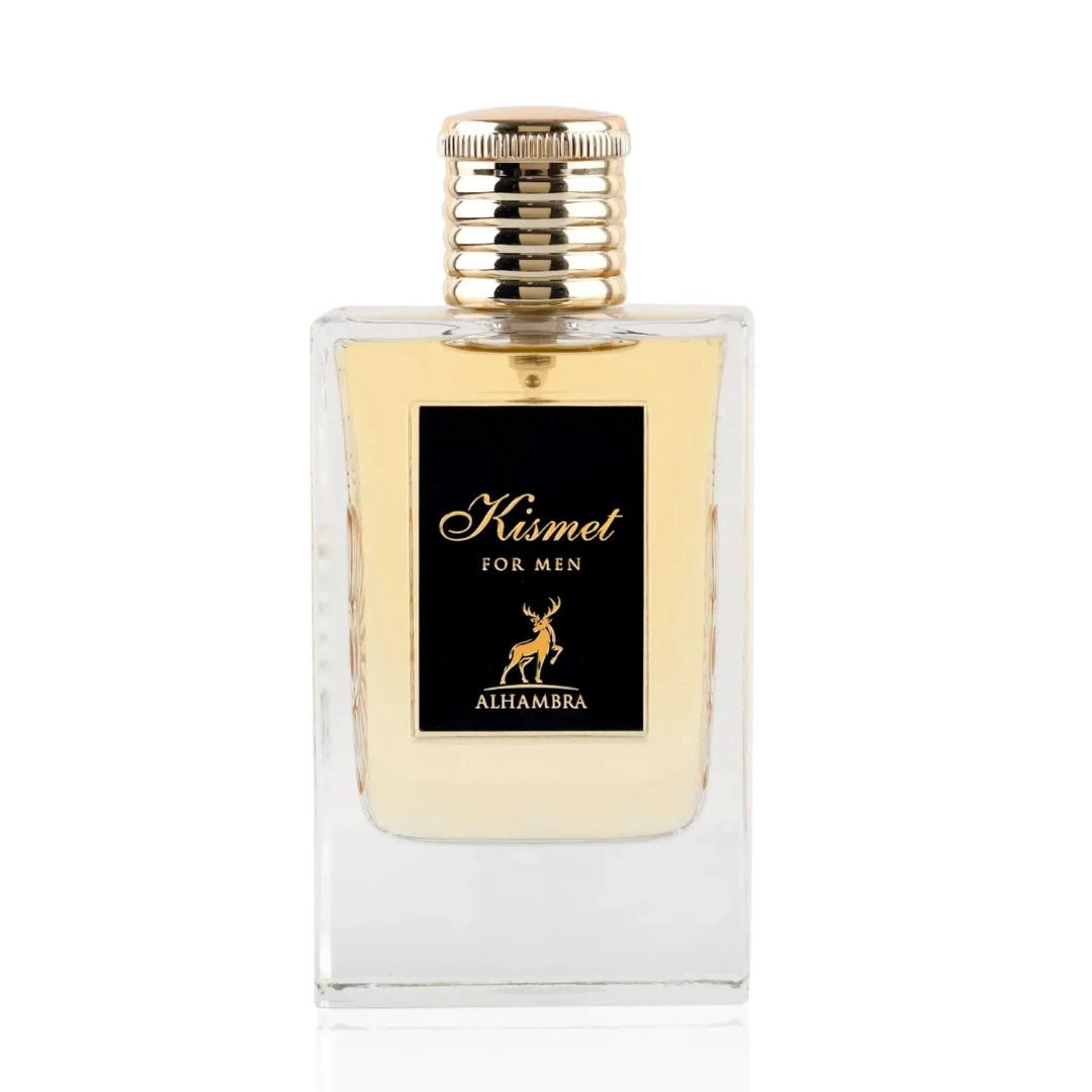 Maison Alhambra Kismet For Men — A clear glass perfume bottle with a gold fluted cap and a black label featuring gold text and a deer silhouette. | Maison Alhambra Kismet For Men — Botol minyak wangi kaca jernih dengan penutup berlubang emas dan label hitam menampilkan teks emas serta siluet rusa.