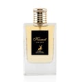 Maison Alhambra Kismet For Men — A clear glass perfume bottle with a gold fluted cap and a black label featuring gold text and a deer silhouette. | Maison Alhambra Kismet For Men — Botol minyak wangi kaca jernih dengan penutup berlubang emas dan label hitam menampilkan teks emas serta siluet rusa.