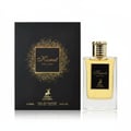 Maison Alhambra Kismet For Men by Maison Alhambra 100ml Man — Black box with gold glitter square and deer logo next to a clear glass perfume bottle with gold cap and gold label, showing yellow liquid. | Maison Alhambra Kismet For Men by Maison Alhambra 100ml Man — Kotak hitam dengan dataran kilauan emas dan logo rusa