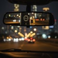 Maison Alhambra Kismet For Men by Maison Alhambra 100ml Man — A perfume bottle and its box are reflected in a car's rearview mirror at night, with city lights blurred in the background. | Botol minyak wangi dan kotaknya terpantul di cermin pandang belakang kereta pada waktu malam, dengan lampu bandar kabur di latar