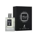 Maison Alhambra Kismet Moscow by Maison Alhambra 100ml EDP — A clear glass perfume bottle with a silver cap sits next to its black packaging box, which features a sparkly white design and the product name. | Maison Alhambra Kismet Moscow by Maison Alhambra 100ml EDP — Botol minyak wangi kaca jernih dengan penutup