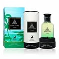Maison Alhambra Jean Lowe Vibe by Maison Alhambra 100ml EDP — A perfume bottle with green liquid sits on a black base, next to its white cylindrical packaging and a tropical-themed box. | Maison Alhambra Jean Lowe Vibe by Maison Alhambra 100ml EDP — Botol minyak wangi dengan cecair hijau duduk di atas tapak hitam