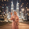 Maison Alhambra La Vita Maison Alhambra 100ml EDP Women — Woman in hijab holding a perfume bottle in front of illuminated city skyscrapers at night, with bokeh lights | Wanita bertudung memegang botol minyak wangi di hadapan pencakar langit bandar yang diterangi cahaya pada waktu malam, dengan lampu bokeh