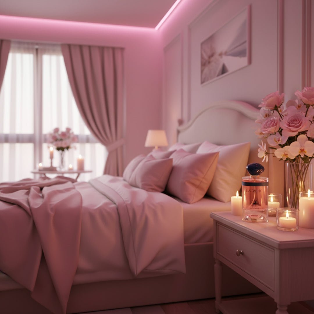 Maison Alhambra La Voie by Maison Alhambra 100ml for Her — A romantic bedroom scene with pink lighting, featuring a bed with pink bedding, a bedside table with a perfume bottle, candles, and a bouquet of roses and orchids. | Maison Alhambra La Voie by Maison Alhambra 100ml for Her — Pemandangan bilik tidur romantis