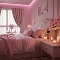 Maison Alhambra La Voie by Maison Alhambra 100ml for Her — A romantic bedroom scene with pink lighting, featuring a bed with pink bedding, a bedside table with a perfume bottle, candles, and a bouquet of roses and orchids. | Maison Alhambra La Voie by Maison Alhambra 100ml for Her — Pemandangan bilik tidur romantis