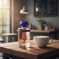 Maison Alhambra La Voie — A rose gold perfume bottle with a blue cap sits on a wooden table next to a cup of latte art coffee in a cafe setting. | Maison Alhambra La Voie — Sebotol minyak wangi emas ros dengan penutup biru diletakkan di atas meja kayu bersebelahan cawan kopi latte art dalam suasana kafe.