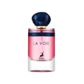 Maison Alhambra La Voie by Maison Alhambra 100ml for Her — Pink liquid perfume in a clear glass bottle with a dark blue marbled cap and a dark blue ribbon band, featuring a silhouette of a deer and the brand name | Maison Alhambra La Voie by Maison Alhambra 100ml for Her — Cecair pewangi merah jambu dalam botol kaca