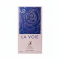 Maison Alhambra La Voie by Maison Alhambra 100ml for Her — A perfume box with a dark blue top featuring a silver rose design and the text "LA VOIE" below, on a light pink base with a deer logo and product details. | Maison Alhambra La Voie by Maison Alhambra 100ml for Her — Kotak minyak wangi dengan bahagian atas biru