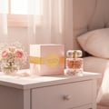 Maison Alhambra La Vita 100ml EDP Women — A pink perfume box and a clear glass perfume bottle with a faceted cap sit on a white nightstand next to a bouquet of pink roses and baby's breath. | Maison Alhambra La Vita 100ml EDP Women — Kotak minyak wangi merah jambu dan botol minyak wangi kaca jernih dengan penutup