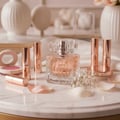 Maison Alhambra La Vita Maison Alhambra 100ml EDP Women — A clear glass perfume bottle with a faceted crystal cap sits on a marble surface, surrounded by rose gold lipstick tubes, a blush compact, and delicate white flowers and petals. | Maison Alhambra La Vita Maison Alhambra 100ml EDP Women — Botol minyak wangi kaca