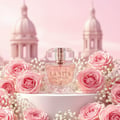 Maison Alhambra La Vita Maison Alhambra 100ml EDP Women — A faceted glass perfume bottle with a rose gold cap sits on a white pedestal, surrounded by pink roses and baby's breath, with blurred pink domed buildings in the background. | Maison Alhambra La Vita Maison Alhambra 100ml EDP Women — Botol minyak wangi kaca