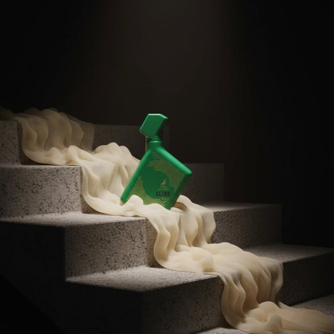 Maison Alhambra Luxe Bold by Maison Alhambra – 100 ml Unisex — A green bottle with gold accents and a deer logo sits on textured concrete steps, draped with sheer, cream-colored fabric. | Maison Alhambra Luxe Bold by Maison Alhambra – 100 ml Unisex — Botol hijau dengan aksen emas dan logo rusa duduk di atas tangga