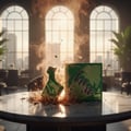 Maison Alhambra Luxe Bold – A green perfume bottle and its box are displayed on a marble table, with smoke and shattered glass effects, set against a backdrop of arched windows and a cityscape. | Maison Alhambra Luxe Bold – Botol minyak wangi hijau dan kotaknya dipaparkan di atas meja marmar, dengan kesan asap dan