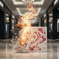 Maison Alhambra Luxe Chic by Maison Alhambra – 100 ml Women — A white box with red hearts and lips pattern is on fire, with flames erupting and debris flying around in a mall corridor. | Maison Alhambra Luxe Chic by Maison Alhambra – 100 ml Women — Kotak putih dengan corak hati merah dan bibir terbakar, dengan api