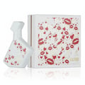 Maison Alhambra Luxe Chic – White perfume bottle with red lips and hearts pattern next to a matching white box with the same design. | Maison Alhambra Luxe Chic – Botol minyak wangi putih dengan corak bibir merah dan hati di sebelah kotak putih dengan reka bentuk yang sama.