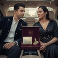 Maison Alhambra Luxe Gold by Maison Alhambra – 100 ml Unisex — A couple in a car, a man in a suit and a woman in a black dress, look at an open gift box containing a gold perfume bottle and a compact. | Maison Alhambra Luxe Gold by Maison Alhambra – 100 ml Unisex — Sepasang suami isteri dalam kereta, lelaki berbaju