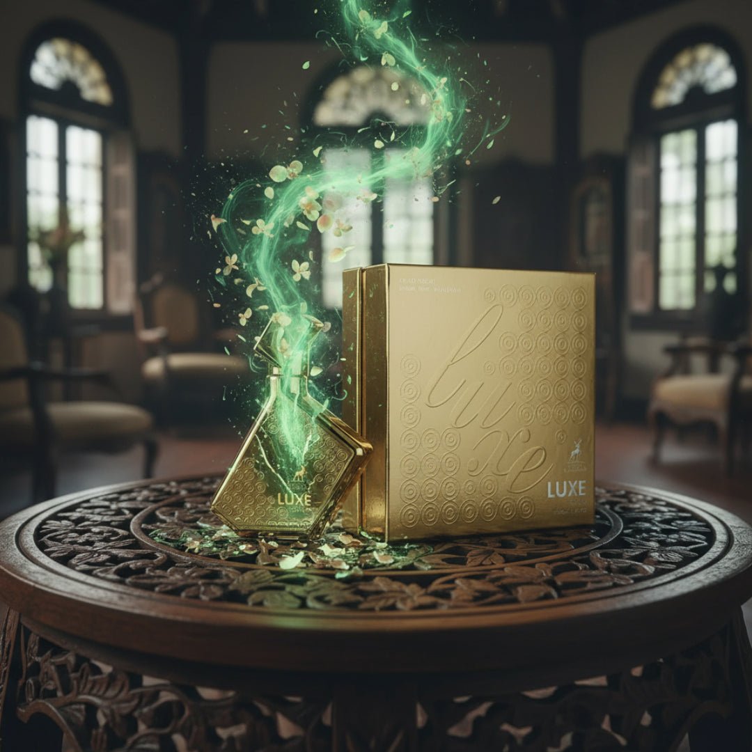 Maison Alhambra Luxe Gold – A golden perfume bottle and box are displayed on a carved wooden table, with green magical energy and flower petals swirling upwards from the bottle. | Maison Alhambra Luxe Gold – Botol dan kotak minyak wangi emas dipamerkan di atas meja kayu berukir, dengan tenaga magis hijau dan kelopak