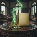 Maison Alhambra Luxe Gold – A golden perfume bottle and box are displayed on a carved wooden table, with green magical energy and flower petals swirling upwards from the bottle. | Maison Alhambra Luxe Gold – Botol dan kotak minyak wangi emas dipamerkan di atas meja kayu berukir, dengan tenaga magis hijau dan kelopak