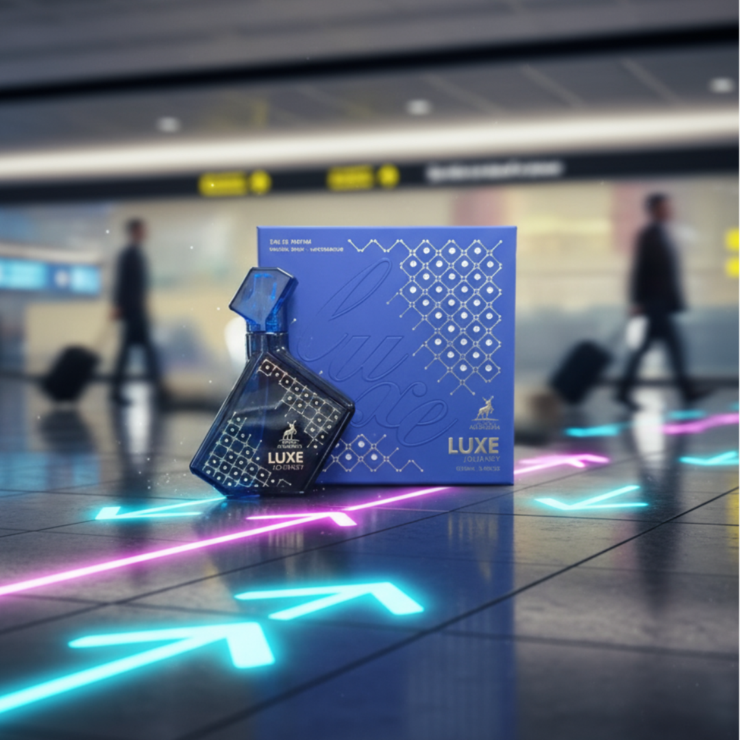 Maison Alhambra Luxe Journey by Maison Alhambra – 100 ml Unisex, a blue perfume bottle with intricate geometric patterns and a blue box with similar patterns, displayed on a floor with glowing neon arrows in an airport terminal setting. | Maison Alhambra Luxe Journey by Maison Alhambra – 100 ml Unisex, sebotol minyak